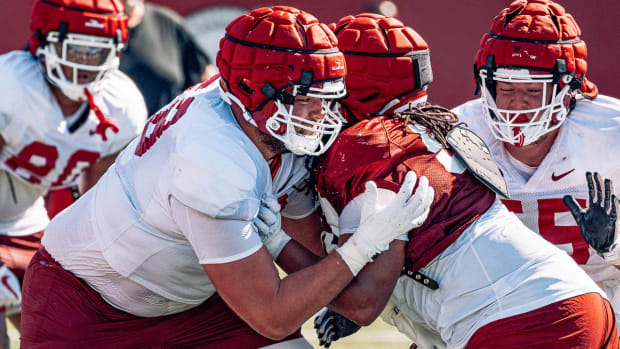 Razorbacks offensive lineman Josh Braun at practice Sunday afternoon